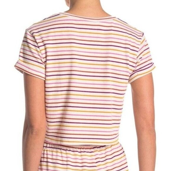Lush NWT Multicolor Stripe Crop Tee Womens M White Pink Knit Notched Collar - Picture 2 of 9